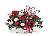 A festive basket of flowers and candy canes